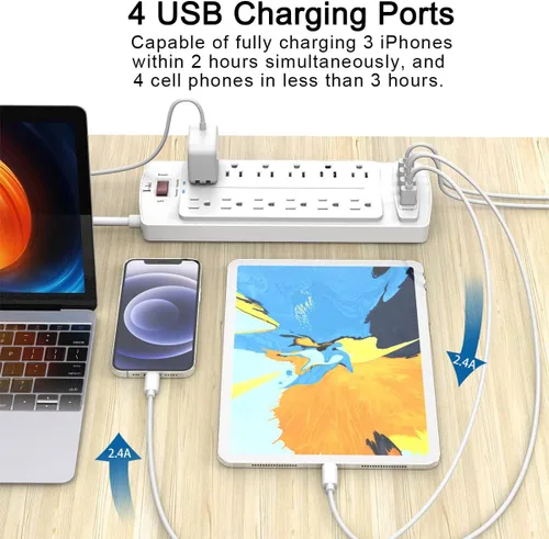 Vista 3 de Tcstei - Protector de sobretensiones con 12 salidas y 4 puertos USB, cable de extensión de 6 pies para el hogar, oficina, artículos esenciales