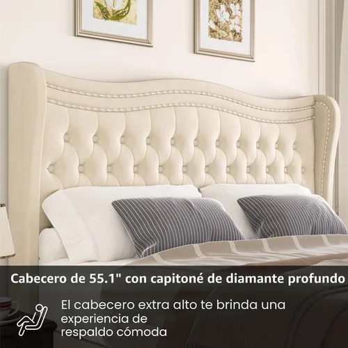 Vista 5 de Marco de Cama Full con Cabecera y Pie de Cama Altos, Marco de Cama Plataforma Tapizada en Terciopelo con Acolchado de Botones Profundos Tipo Beige
