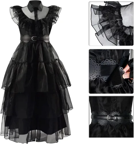 Vista 2 de Bainaer Wednesday Addams - Vestido de fiesta gótica Wednesday Addams, Wensday, Halloween, cosplay, para niñas y niños