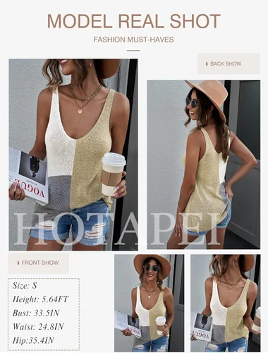 Vista 3 de HOTAPEI - Camisetas sin mangas con cuello en V de punto estilo casual con bloques de color a rayas para mujer