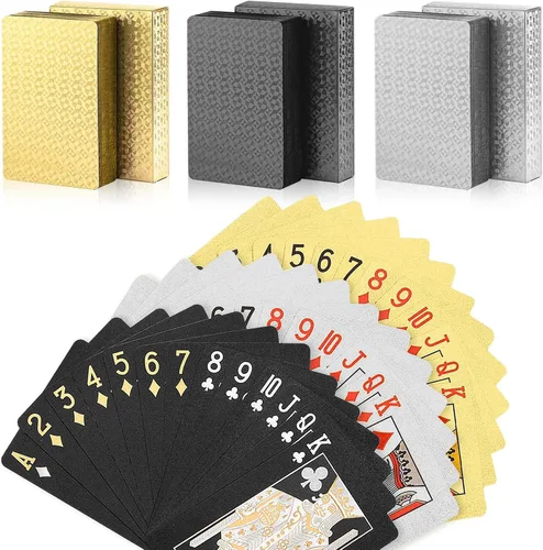 Vista 10 de 10 Paquetes de Cartas de Juego - 5 Negras 5 Doradas HD, 54 Cartas de Póquer Estándar de Plástico Impermeable para Fiestas Familiares naipes de oro
