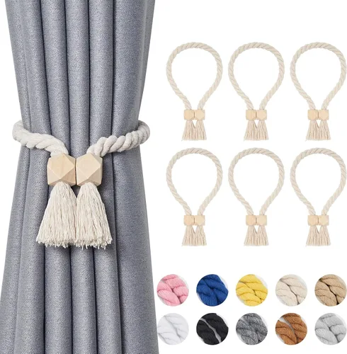 Vista 64 de NICEEC 2 Pack de Alzapaños Magnéticos de Madera en Forma de Cubo Boho para Decoración del Hogar, Alzapaños de Lino Tejidos a Mano para Cortinas Beige