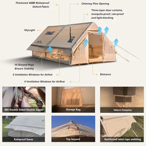 Vista 4 de Tienda inflable grande de 13 x 10 pies para acampar de 8 a 10 personas, tiendas de campaña inflables para 4 estaciones con lluvia, impermeable