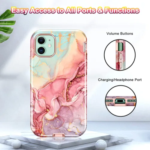 Vista 9 de CASEFIV Funda compatible con iPhone 11, patrón de mármol 3 en 1, resistente a prueba de golpes y caídas, cuerpo completo, policarbonato duro