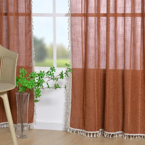 Vista 2 de Cortinas bohemias de color naranja quemado, cortinas rústicas de terracota para sala de estar, 2 paneles de 63 pulgadas de largo, de lino