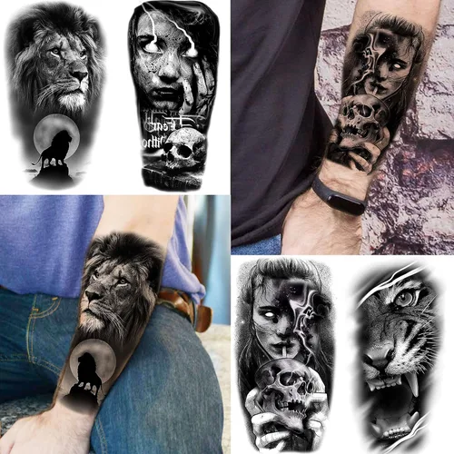 Vista 2 de 70 hojas de tatuajes temporales realistas en 3D de antebrazo, lobo, tigre, león, para hombres y mujeres, brazo del muslo, calavera aterradora