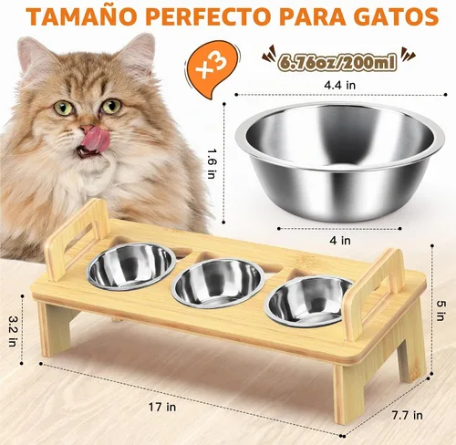 Vista 2 de Tazón Elevado de Comida para Gatos, 3 Cuencos Elevados de Acero Inoxidable para Gatos con Soporte, Cuenco Inclinado 15° para Perros Pequeños