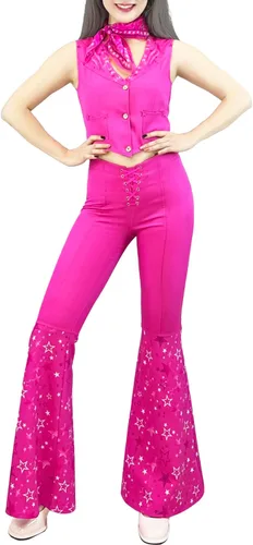 Vista 6 de Naywig Traje de vaquera de los años 70 y 80 hippie disco disfraz rosa acampanado pantalón Halloween cosplay para mujeres y niñas