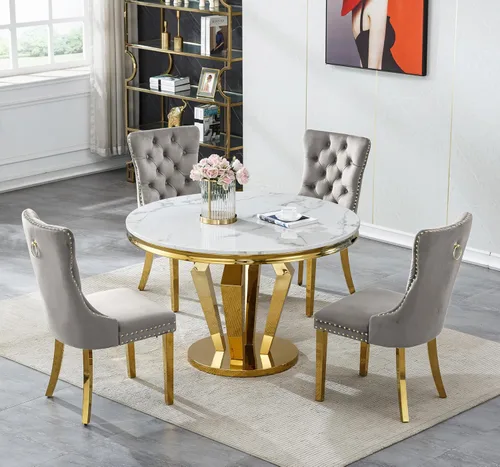 Vista 40 de Juego de mesa de comedor de mármol sintético de oro blanco de 47 pulgadas para 2, juego de mesa de comedor de cocina de 3 piezas, juego de mesa