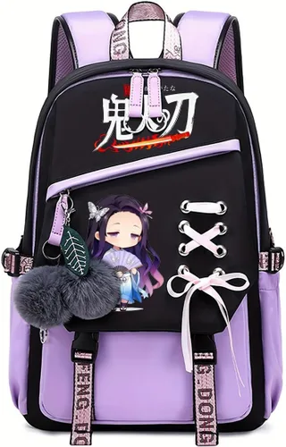 Vista 7 de Linda mochila escolar para niñas y niños, mochila escolar para estudiantes de primaria media, mochila escolar Kawaii con colgante (rosa)