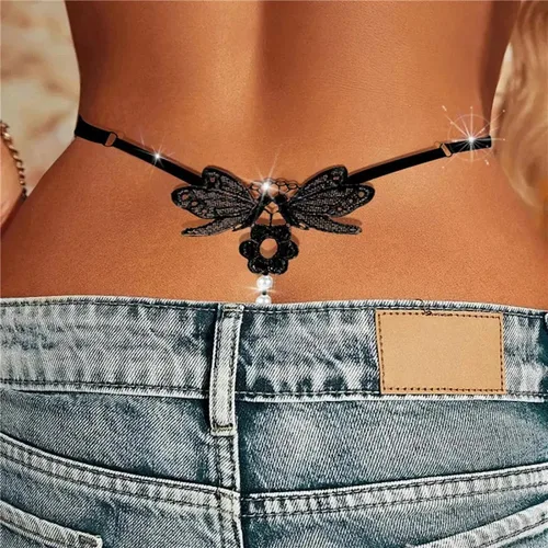 Vista 4 de SAKVILSEC Tanga de cintura baja con bordado de mariposa para mujer