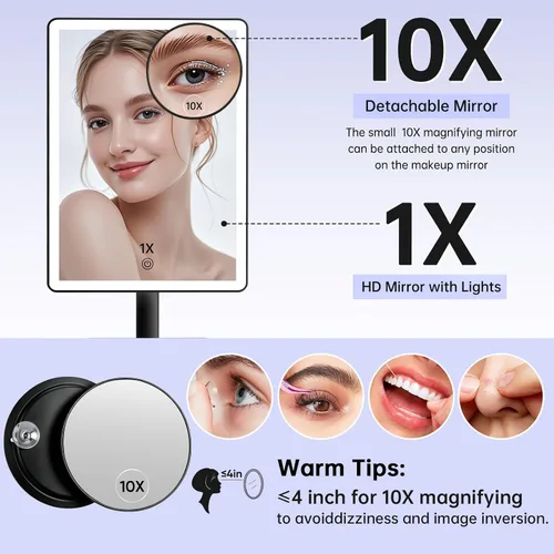 Vista 9 de FUNTOUCH Espejo de tocador de maquillaje recargable con luces, espejo de escritorio grande iluminado con 96 luces LED y aumento de 10x, iluminación