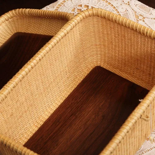 Vista 6 de Nantucket cestas, Rectangular tejido a mano de ratán cesta de almacenamiento con tapa para estantes y cajas para el hogar para organizador (L)