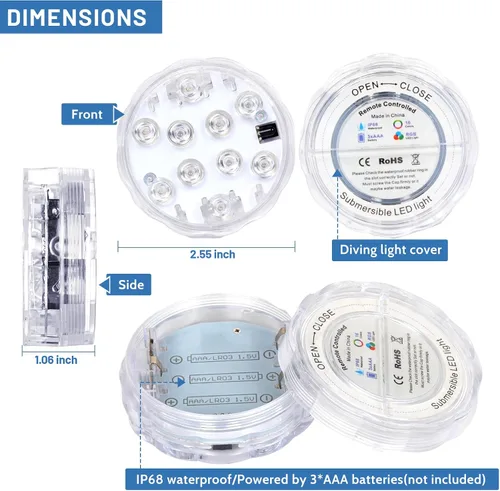 Vista 6 de YiaMia - Luces de bañera - 2 paquetes de luces LED RGB para piscina con batería, control remoto y ventosa para estanques, decoración, fiestas, spas