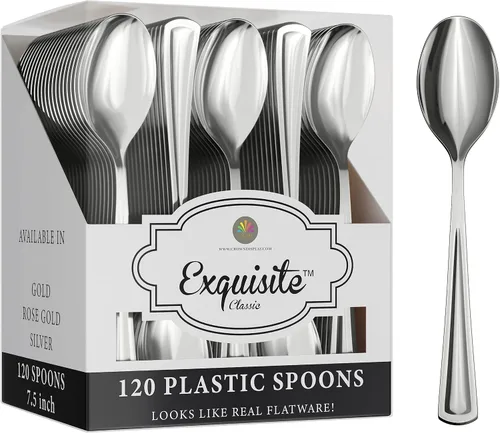 Vista 8 de Exquisite Cucharas de plástico doradas resistentes, 120 piezas de cubiertos de plástico dorado, juego de cubiertos desechables de alta resistencia