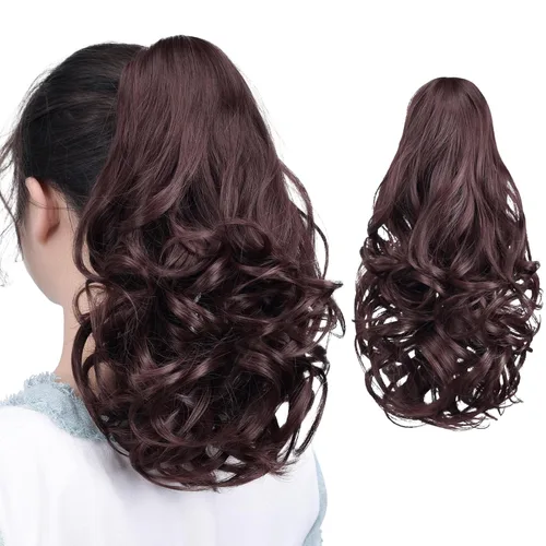 Vista 33 de Extensiones de cola de caballo, extensiones de cabello de cola de caballo con clip de garra marrón oscuro para mujer, pieza de cabello rizado