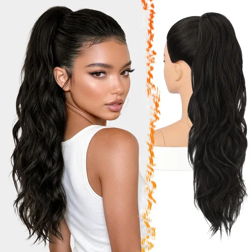 Vista 10 de BARSDAR 25 Inch Synthetic Dual Claw Clip Auburn Brown Loose Wavy Ponytail
