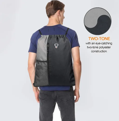 Vista 6 de Mochila con cordón, con estilo deportivo, bolsa de gimnasio para mujeres, hombres y niños, bolsa de gran tamaño con zíper y bolsillos de malla