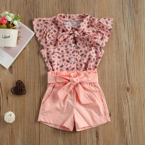 Vista 2 de Conjunto de 2 piezas con volantes y cuello halter floral para niños pequeños y niñas