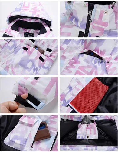 Vista 7 de Chaqueta y pantalones de esquí estampados coloridos de snowboard a prueba de viento para mujer de moda