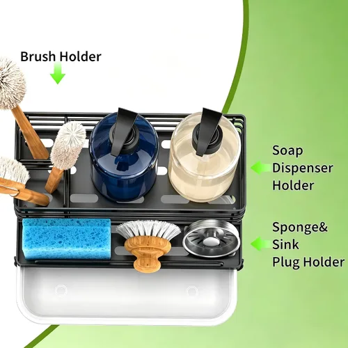 Vista 6 de Cisily Soporte Grande de Esponja Negra para Cocina, Caddy de Fregadero Estante Organizador de Fregadero para Accesorios de Cocina con Bandeja