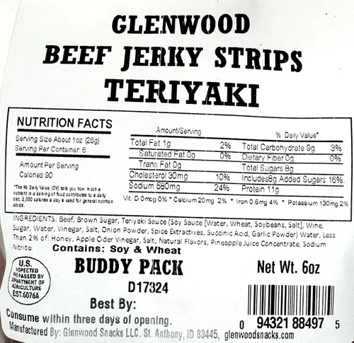 Vista 2 de Glenwood Beef Jerky - Paquete de tiras de carne seca tierna, 6 onzas (6 onzas, Teriyaki)