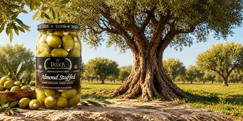 Vista 4 de Tassos Aceitunas súper colosales Halkidiki rellenas de almendras 35.27 onzas