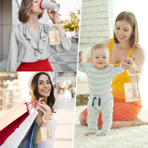 Vista 6 de KNGITRYI Cartera llavero pulsera para mujer, delgado RFID tarjeta de crédito, monedero, borla llavero brazalete para hombres y mujeres, Dorado, Rfid