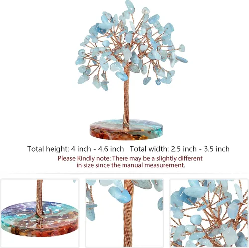 Vista 2 de rockcloud Árbol de dinero de alambre de cobre de cristal aguamarina con base redonda de resina colorida, árbol de piedra bonsái hecho a mano