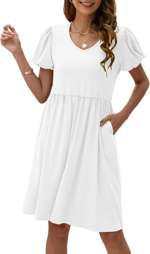 Vista 3 de AGSEEM Vestidos de verano para mujer, casual, con bolsillos, manga abombada, cuello en V