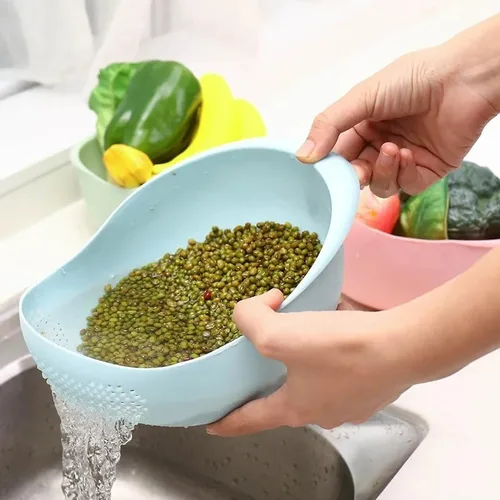 Vista 4 de Colador de plástico para arroz, colador de cocina, con asas, colador de arroz, colador, colador, utensilios de cocina (azul)