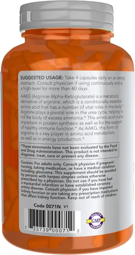 Vista 3 de Now Sports AAKG 2200, arginina, producción de energía, 180 cápsulas vegetales