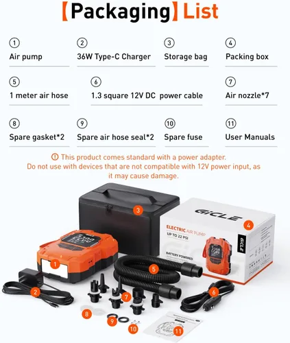 Vista 8 de GICLE 22PSI Electric SUP Pump, Rechargeable Paddle Board Pump, Dual Power Battery & 12V Car Air Pump, Portable High Pressure Inflator with Auto