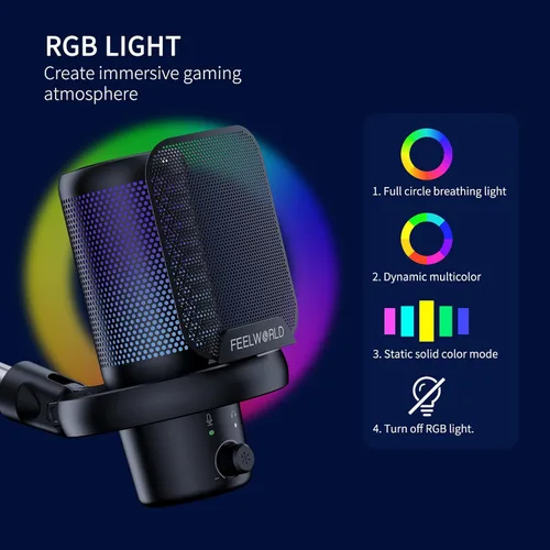 Vista 4 de FEELWORLD VM1 Micrófono USB para PC de juegos Micrófono condensador con cancelación de ruido Silencio Luz RGB, accesorios de computadora Regalos