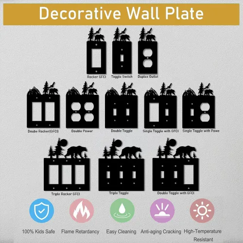 Vista 5 de Eagle & Bear - Placa de pared con interruptor de luz, doble dúplex, habitación de cabaña negra Cubiertas decorativas de metal para enchufe, se