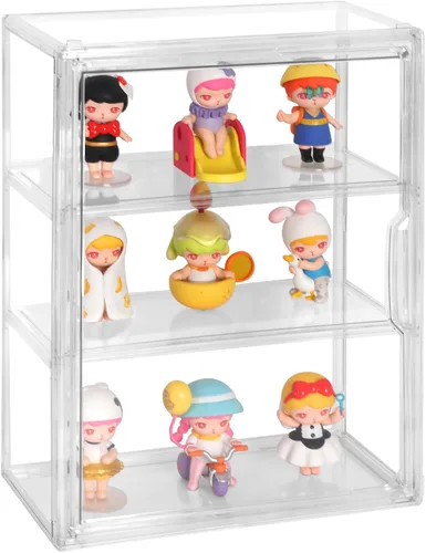 Vista 5 de Vitrina acrílica para figuras, organizador de almacenamiento transparente de 3 niveles montado en la pared, caja de exhibición con puerta magnética