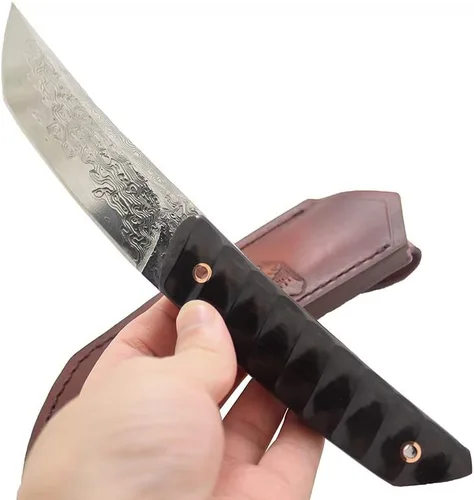 Vista 7 de MASALONG VG10 Damasco Short tanto cuchillo kni198 Hoja fija de espiga completa (mango negro)