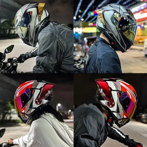 Vista 6 de Casco de motocicleta Bluetooth de cara completa, aprobado por DOT, casco antivaho, doble visera, casco de bicicleta de calle, altavoz dual integrado