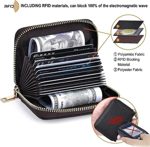 Vista 5 de Tarjetero para mujer, con bloqueo Rfid, pequeño y compacto con cierre de cremallera, tarjetero de identificación con llavero, bolso impermeable