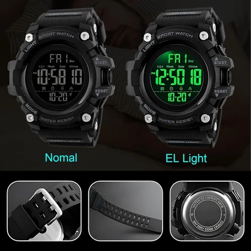 Vista 4 de Reloj deportivo digital con correa de resina negra, impermeable, cronómetro, para hombres y mujeres