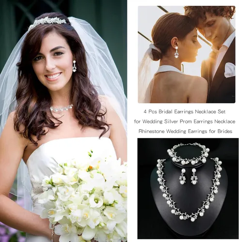 Vista 5 de Roe Dolph Juego de joyas de dama de honor de plata con diamantes de imitación para mujer, collar de gargantilla de cristal de perlas brillantes