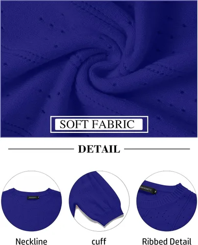 Vista 6 de MEROKEETY Suéter de manga corta abombada para mujer, cuello redondo, tejido de ganchillo, suave