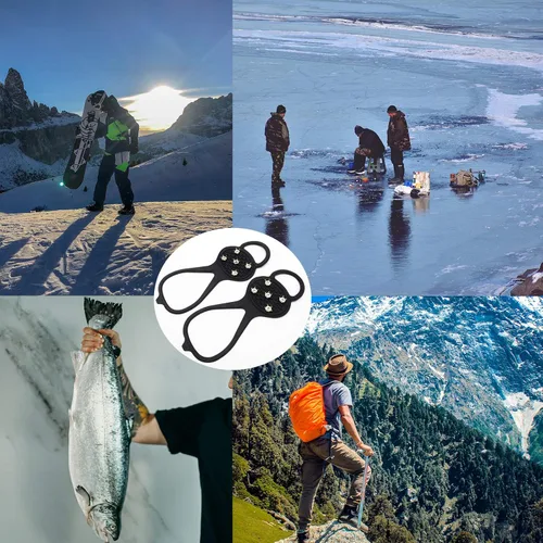 Vista 5 de Empuñaduras antideslizantes para zapatos de hielo, puntas de agarre universales, tacos de hielo, empuñaduras de nieve, equipo de pesca en hielo