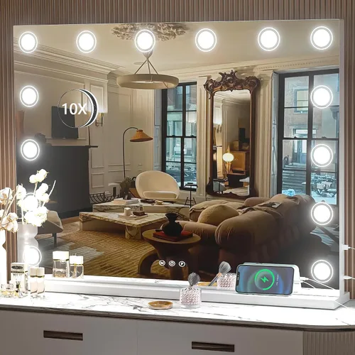 Vista 11 de Hasipu Espejo de tocador con luces, espejo de maquillaje de 32 x 24 pulgadas, espejo iluminado con 14 luces LED regulables y aumento de 10X, 3 modos