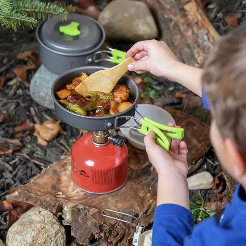 Vista 7 de MalloMe Kit de utensilios de cocina de camping para equipo de mochilero – Juego de cocina de camping – Juego de ollas y sartenes – Estufa