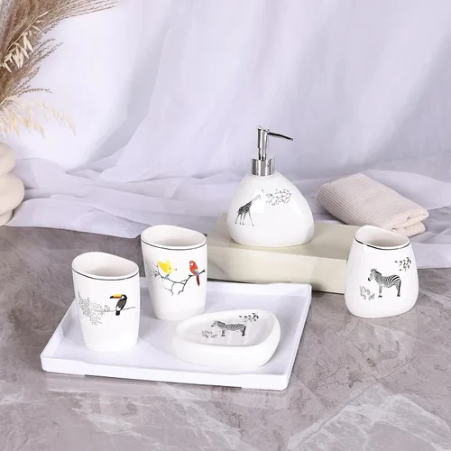 Vista 5 de Juego de accesorios de baño blancos, decoración moderna de baño de encimera, juego de accesorios de baño de lujo de 6 piezas, completo con Animal