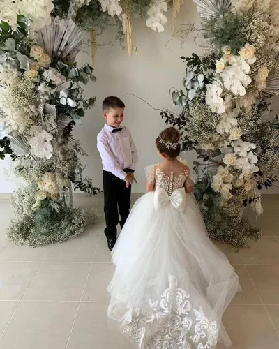 Vista 2 de Vestidos de encaje de tul para niña de flores para fiesta de boda, vestido de baile de graduación para niños GZY230
