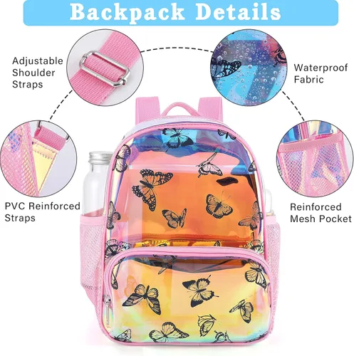 Vista 4 de Mochila con estampado de mariposas Mochila transparente resistente Estadio Bolsa de libro escolar transparente Bolsa de malla de PVC Bolsas