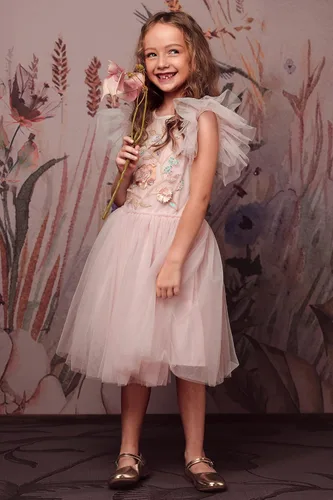 Vista 2 de Vestido tutú para niñas, vestido de tul bordado, vestido escalonado de flores para niñas pequeñas, para boda, cumpleaños, accesorio de fotos