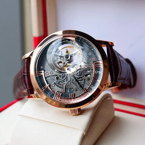 Vista 8 de OBLVLO Relojes de oro rosa de lujo para hombre, esfera esquelética, relojes automáticos, correa de cuero VM-1